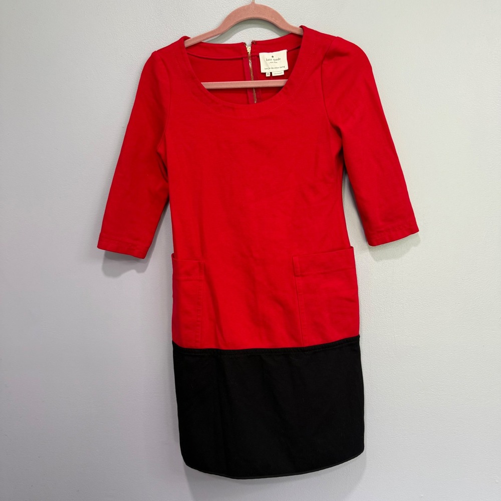 Kate Spade Red Black Colorblock Shift Dress OUMU0085 XS 3/4 Sleeve Pocket